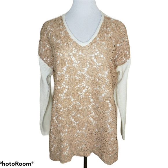 Chico's Christina Lace Front Pullover Cream & Tan - Picture 1 of 8